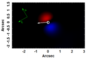 Burbujas en M81 (en diferentes colores). El círculo señala el centro de la galaxia, y la flecha, la dirección de los jets del núcleo activo. Imagen publicada en el trabajo de T. V. Ricci et al , de febrero del 2015.